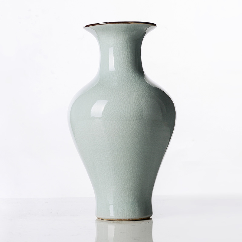 奇居良品 新中式家居装饰摆件 雪丽豆青色素色陶瓷缩颈花瓶摆瓶 大号