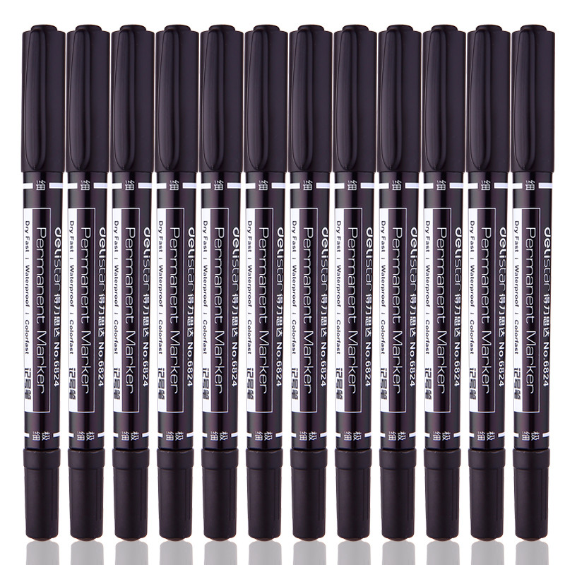 得力(deli)6824 双头记号笔 黑色 12只/盒